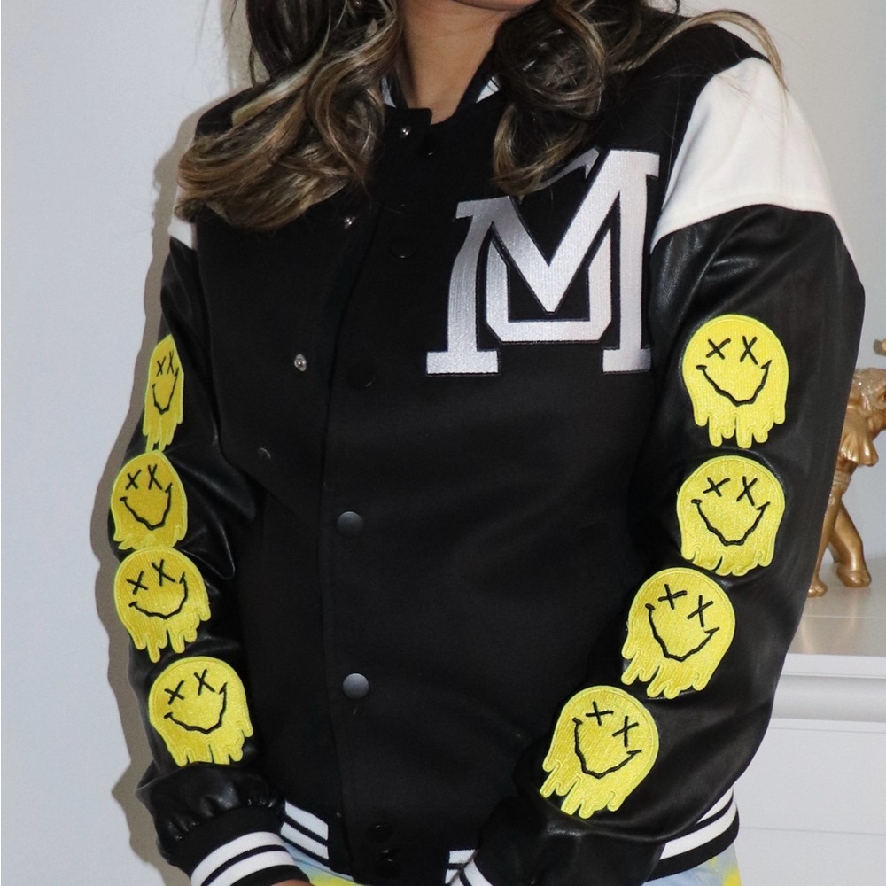 Boohoo Man Black Varsity Jacket with Yellow Smiley Patches